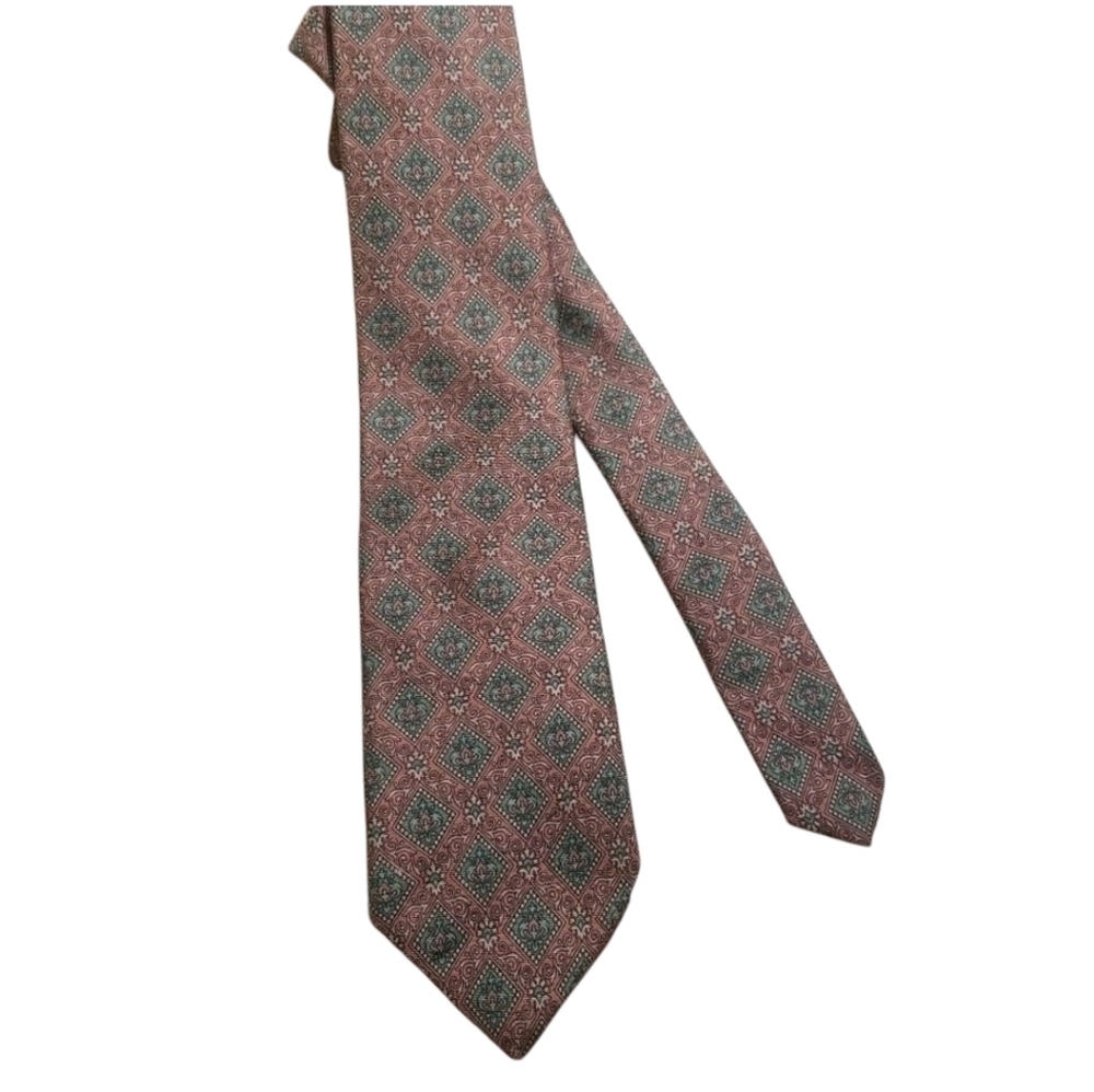 Yves Saint Laurent YSL red brown green paisley diamond pattern mens necktie